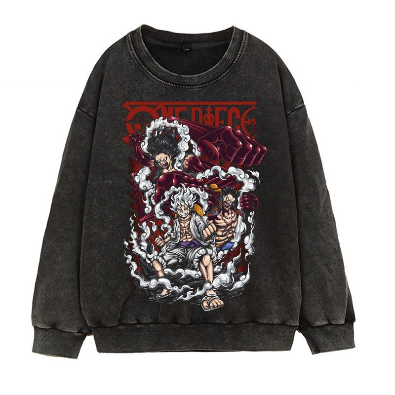 Washed retro distressed hoodie in Japanese Manica form, fifth grade Luffy Gear 5 anime print round neck top