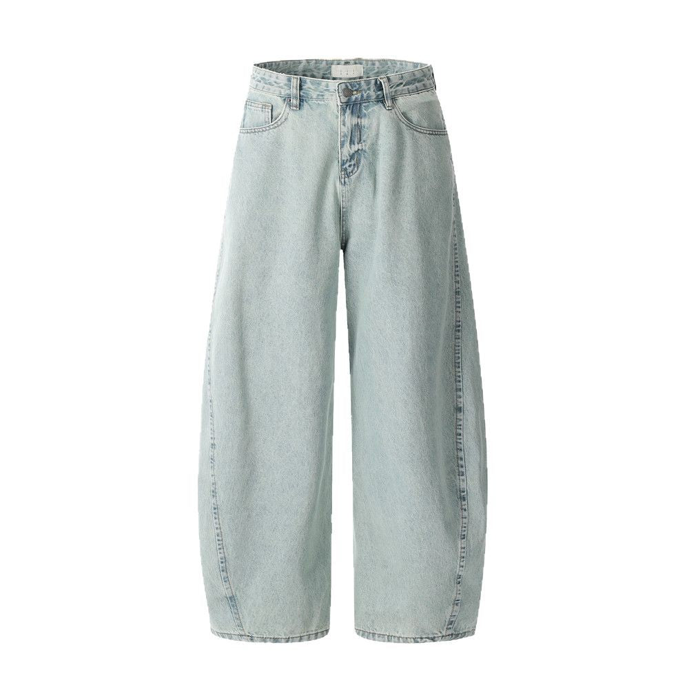 Heavy Washed Slashed Denim Pants American Retro Loose Wide-Leg Long Pants Men's Light Color Distressed Banana Pants