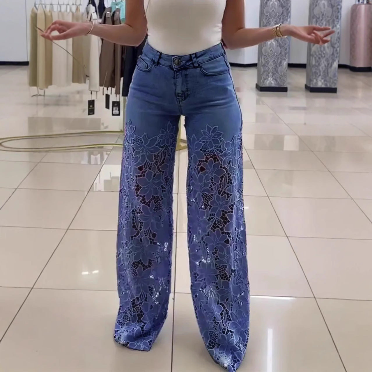 High-Waisted Wide-Leg Pants Women's Spring Summer Fashionable Elegant Versatile Hollow Lace Splicing Denim Drape Trousers