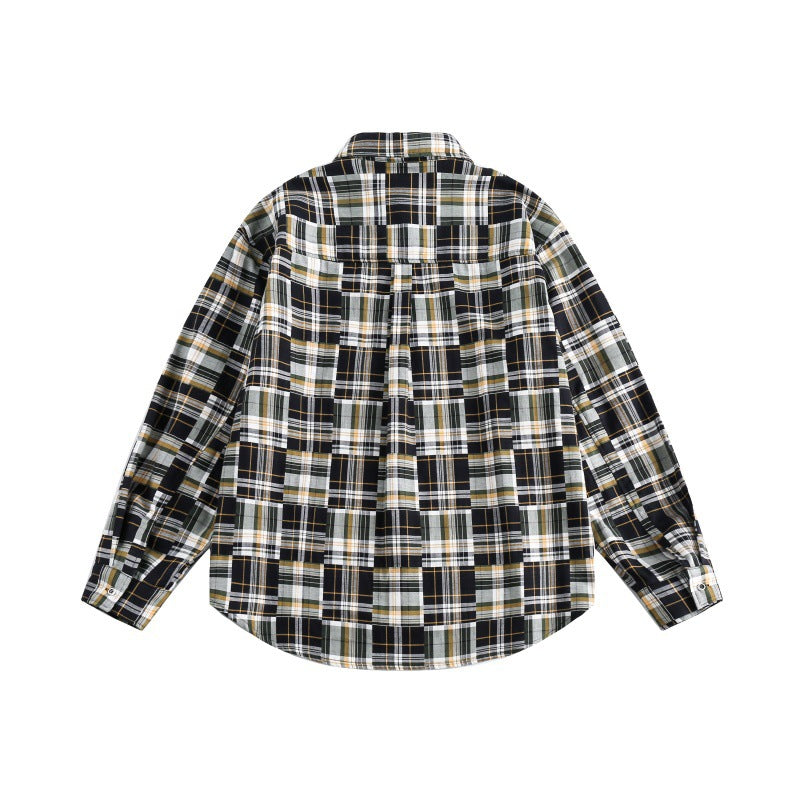 Color blocked checkered long sleeved loose casual shirt