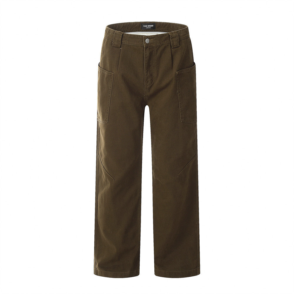 High Street Workwear Denim Long Pants Men's Loose Flared Trousers with Large Pockets Wide Leg Floor-Length Pants Trendy
