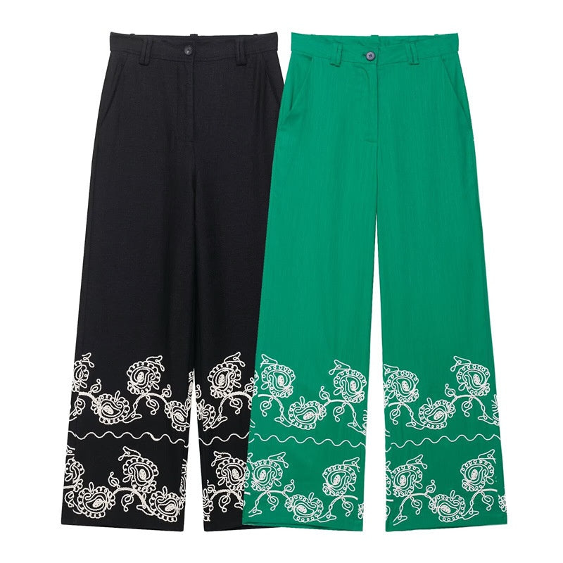 Summer New Style Women's Fashion Casual Short Sleeve Embroidered Top Wide Leg Pants