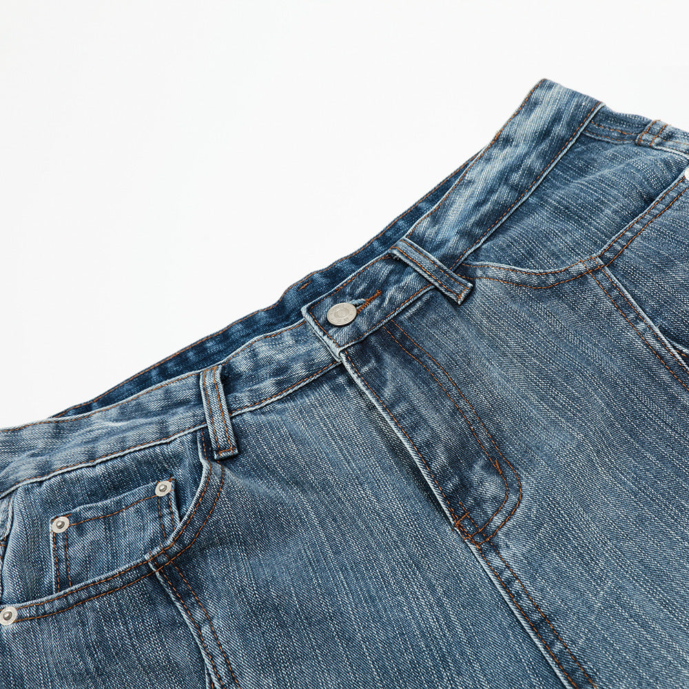Riveted Deconstructed Denim Short Men's Loose American Street Style Washed Straight Leg Five-Quarter Pants