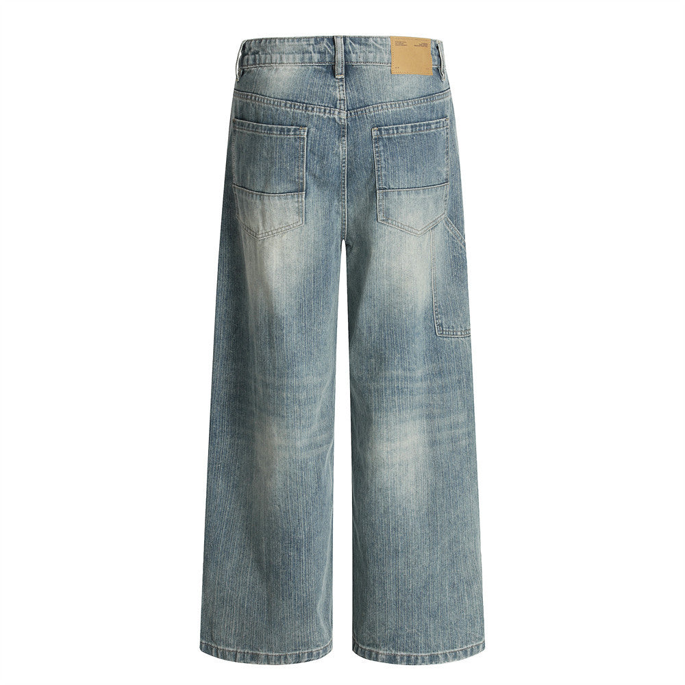 Vintage Washed Denim Loose Wide-Leg Long Pants Retro American Street Style Casual Men's Versatile Straight-Leg Dad Trousers