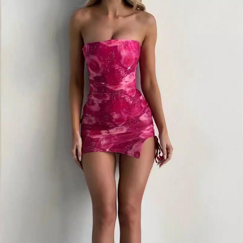 Summer sexy women's strapless printed slim fit bag hip slit short dress