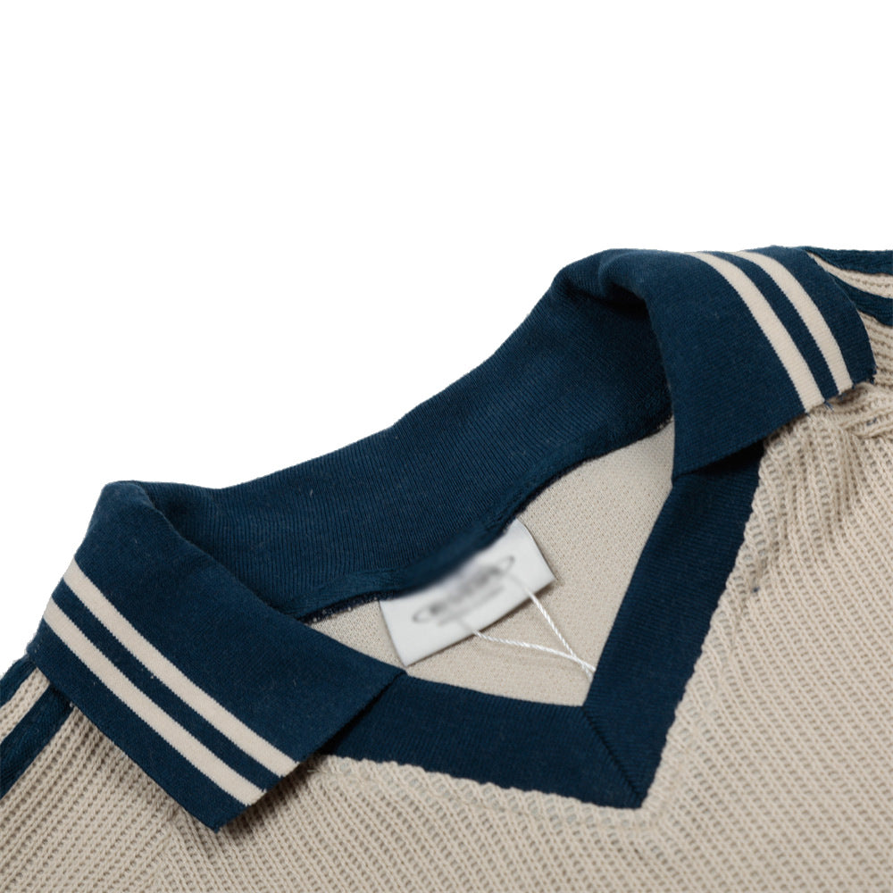 Summer Men's Polo Shirt Spliced Stripe Three-Stripes V-Neck Flip Collar Short Sleeve T-Shirt High Street Trendy Loose Top