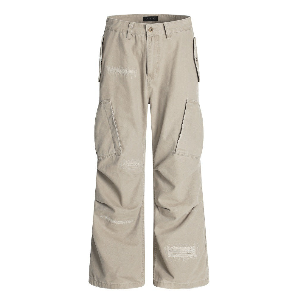 High Street Design Multi-Pocket Workwear Long Pants Men's Vibe Trendy Ripped Patch Pleated Loose Wide-Leg Pants