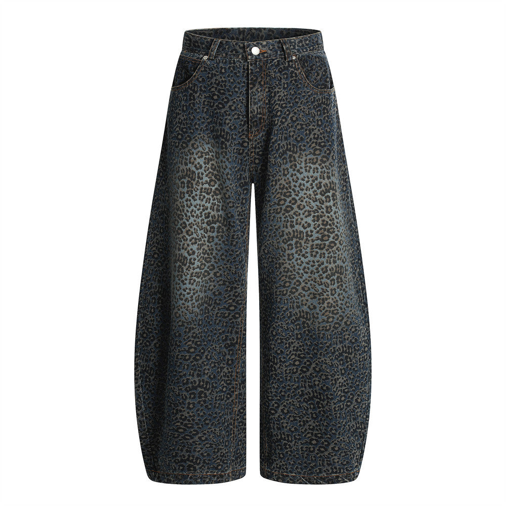 Retro Leopard Print Knife-Edge Jeans Men's High Street Vibe Trendy Washed Out Wide Leg Long Pants