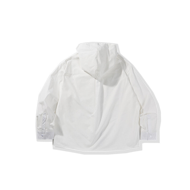 Solid color pocket hooded casual loose shirt