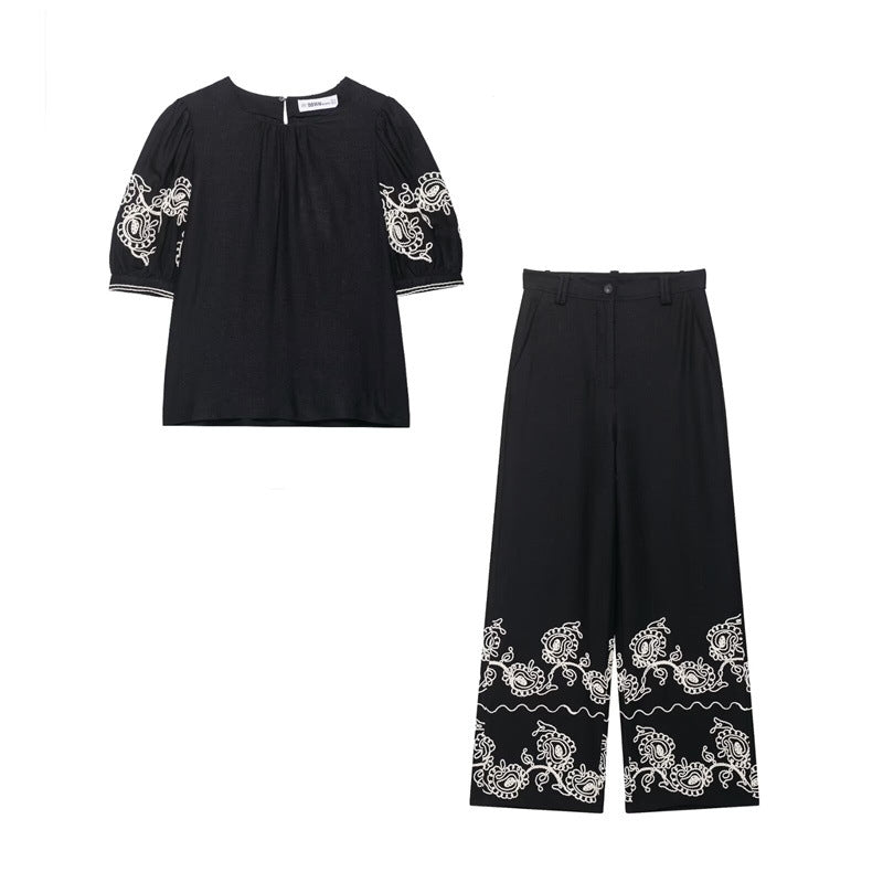 Summer New Style Women's Fashion Casual Short Sleeve Embroidered Top Wide Leg Pants