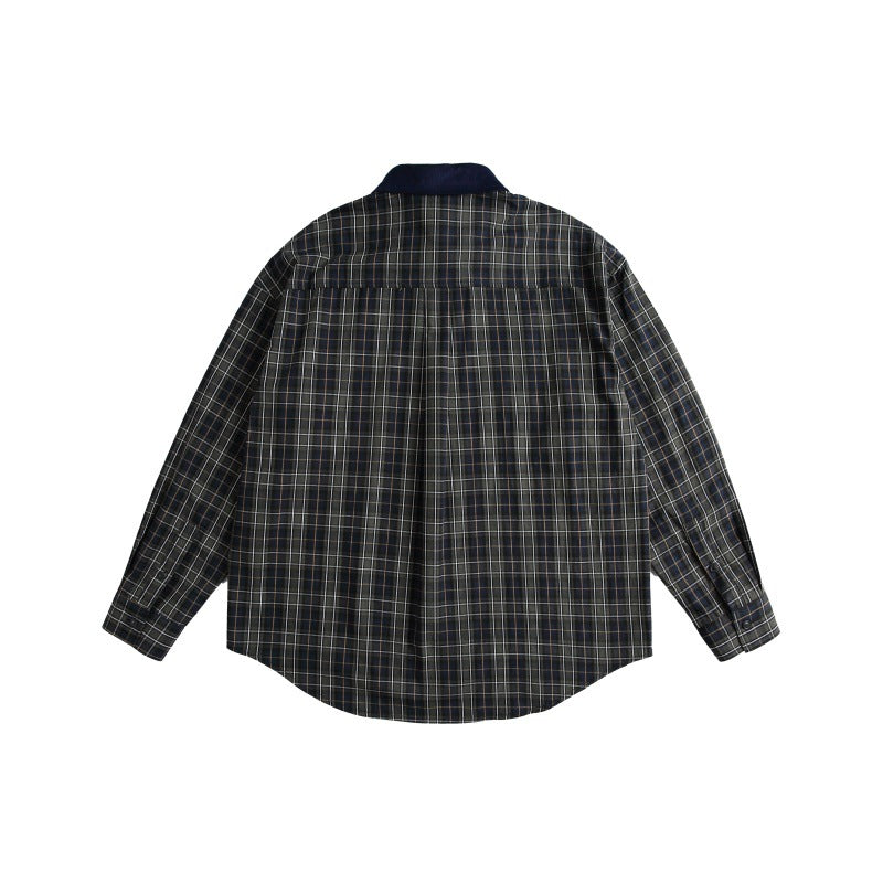Color blocking collar plaid loose casual shirt