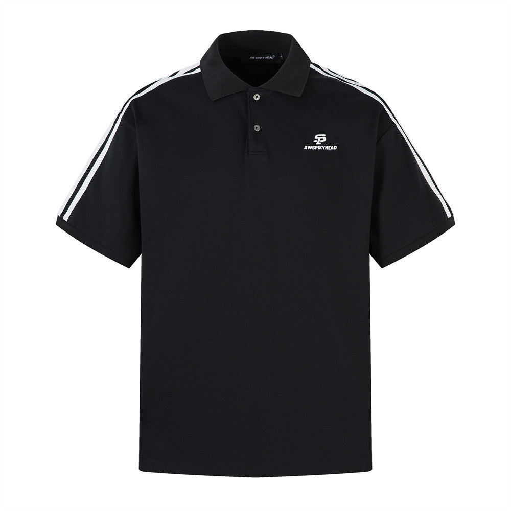 Three Stripes Sports Polo Shirt Men's Summer INS European and American Trend Splicing Loose Casual Turn-down Collar Short Sleeve T-Shirt
