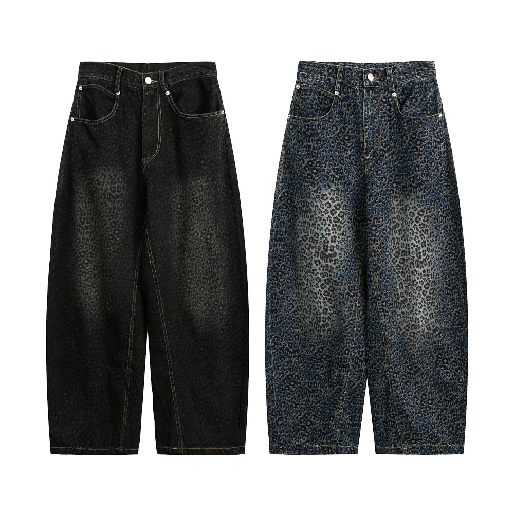 Retro Leopard Print Knife-Edge Jeans Men's High Street Vibe Trendy Washed Out Wide Leg Long Pants