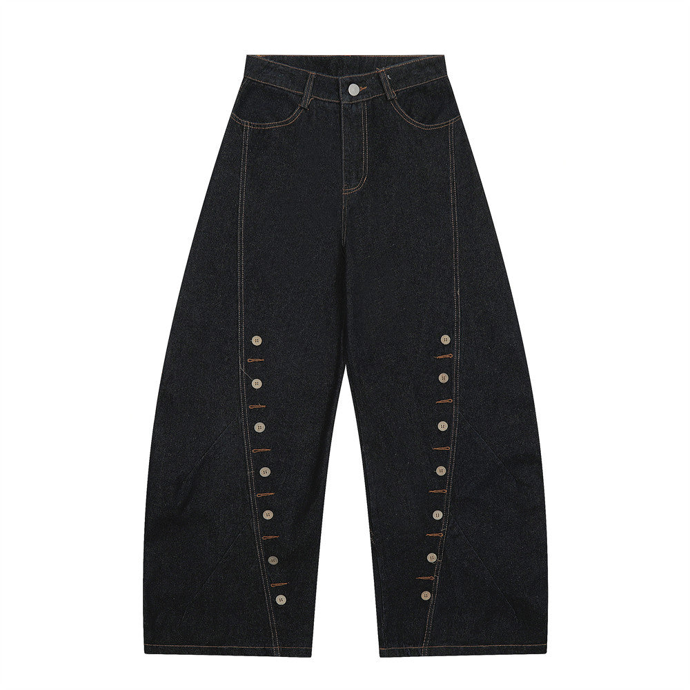 Multi-Button Decorative Slant Knife Denim Pants Men's High Street Loose Design Topstitching Wide Leg Long Trousers