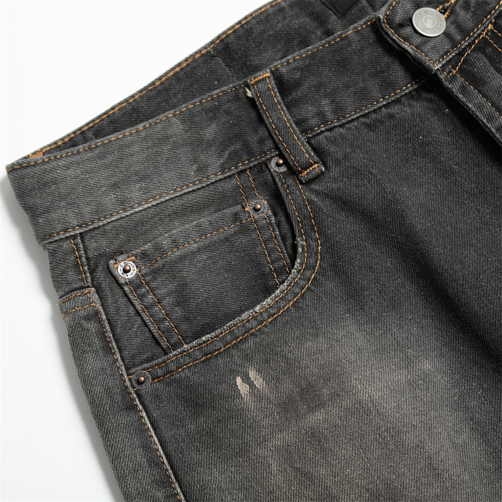 Punk Faded Washed Denim Shorts Men's Straight Leg Summer Ink Splatter Wide-Leg Five-Point Pants Trendy