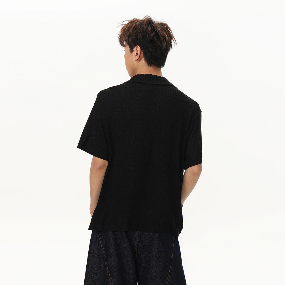 Unique Design Solid Color Short Sleeve Shirt Men's Casual Simple Cuban Collar Loose Fit