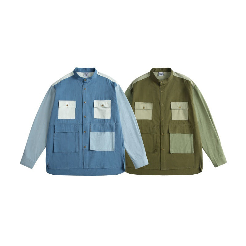Color blocked pocket shirt men's loose casual shirt