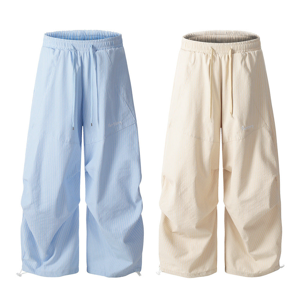 Vertical Striped Casual Long Pants Men's Sporty Loose Cargo Trousers Pleated Design Wide-Leg Pants Trendy