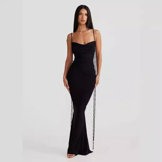 Backless suspender hip hugging long solid color dress