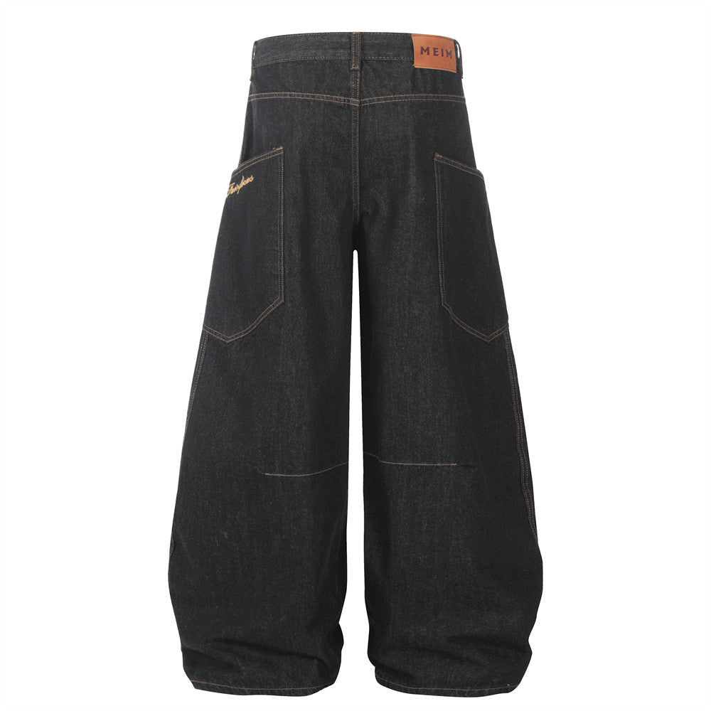 Loose Wide-Leg Denim Trousers Men's Hip-Hop Trendy Design Deconstructed Patchwork Topstitching Cargo Long Pants