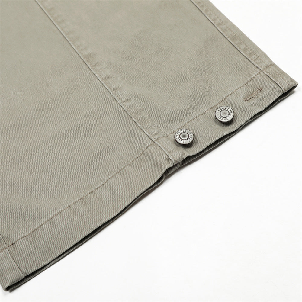 High Street Wide-Leg Work Pants Men's Vibe Trendy Pleated Multi-Pocket Design Solid Color Loose Straight Leg Long Pants