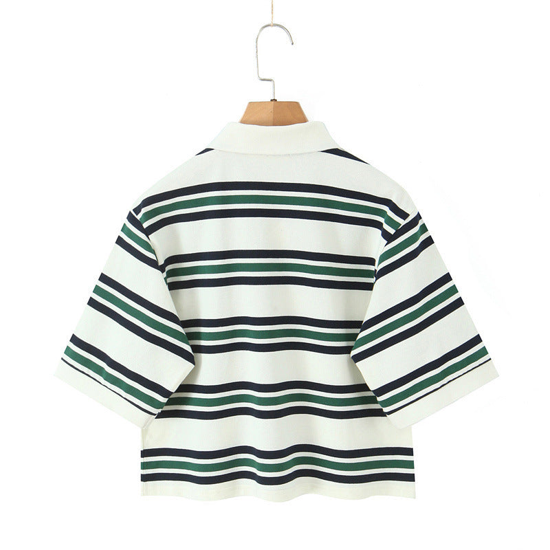 Summer New Women's Style Striped Polo Collar Loose T-Shirt Top