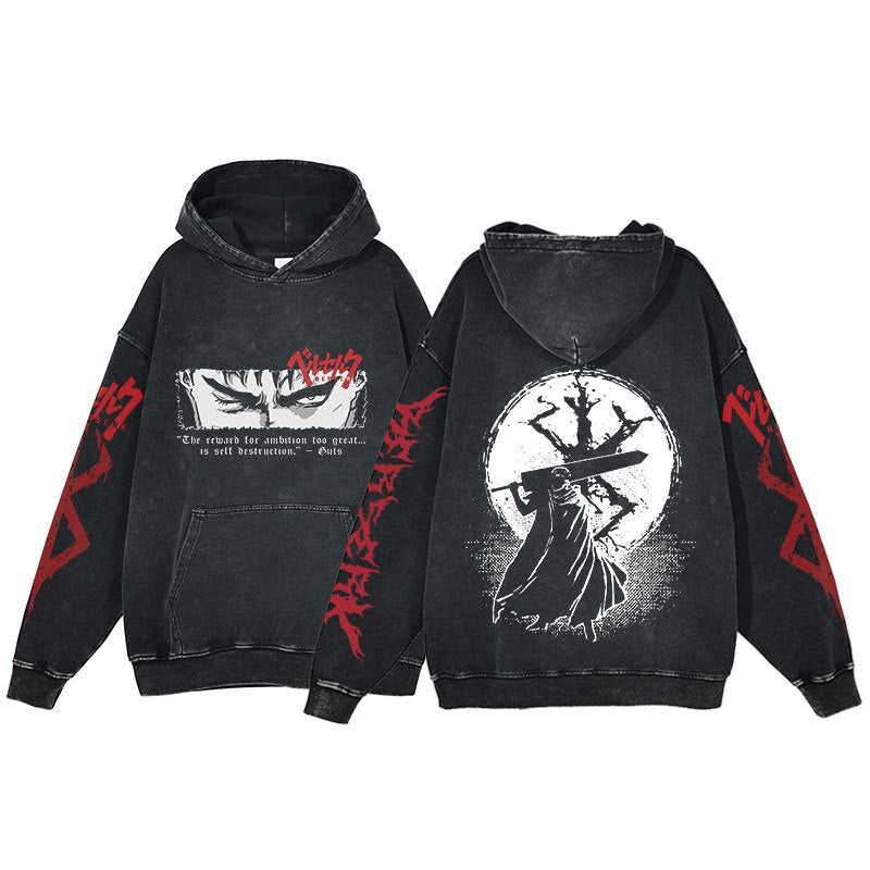American retro washed hoodie for men and women, hip-hop sword style legendary dark print hoodie, vintage hoodie