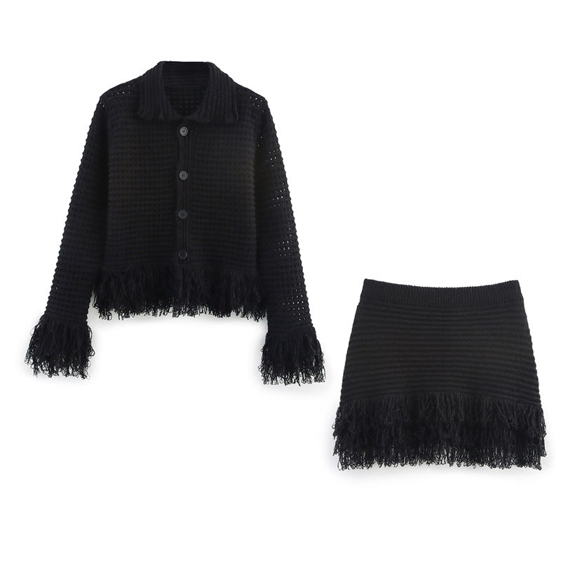 Elegant Tassel Long Sleeve Jacket and High Waist Skirt Set with
