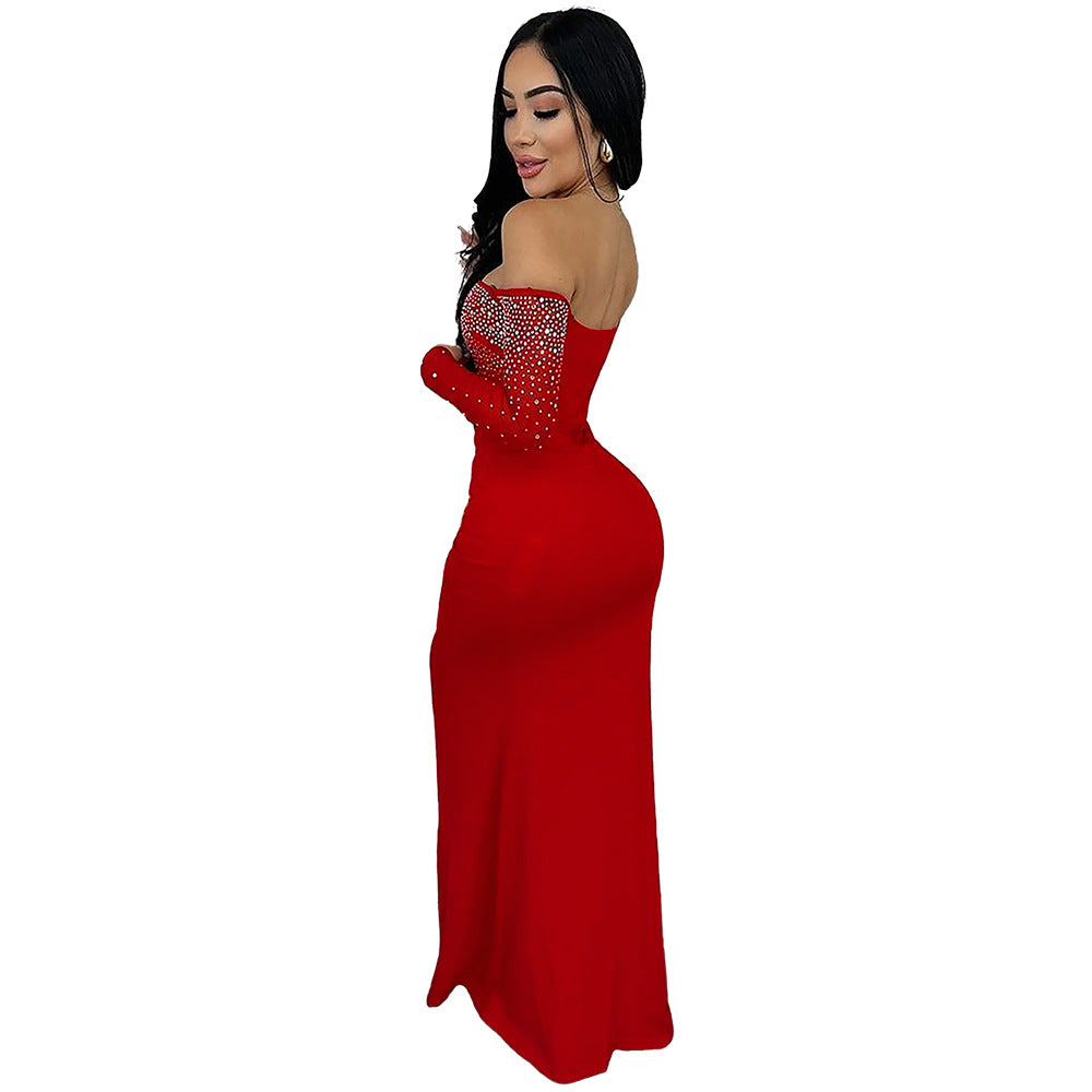 Solid Color Long Dress with High Slit and Rhinestone Embellished Strapless Design for Women