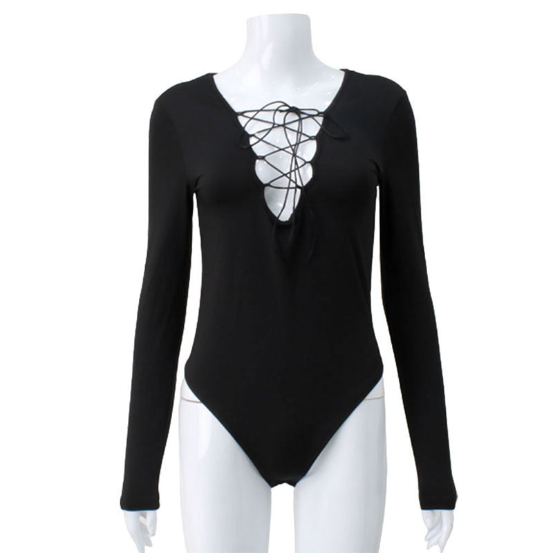 Solid color long sleeved chest hollow lace up sexy spicy girl tight jumpsuit