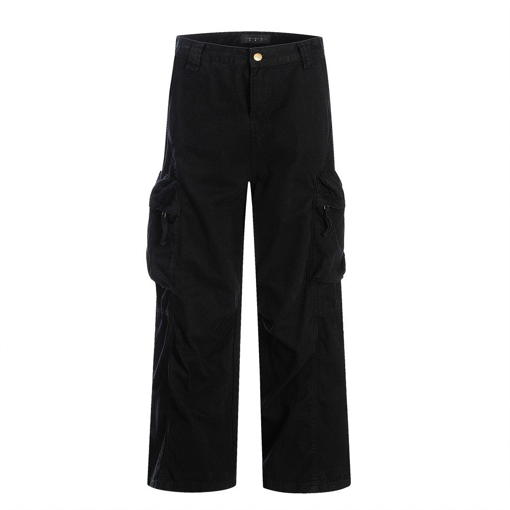 Punk High Street Work Pants Men Vibe Pleated Design Sense Three-Dimensional Pockets Washed Loose Straight Leg Long Pants