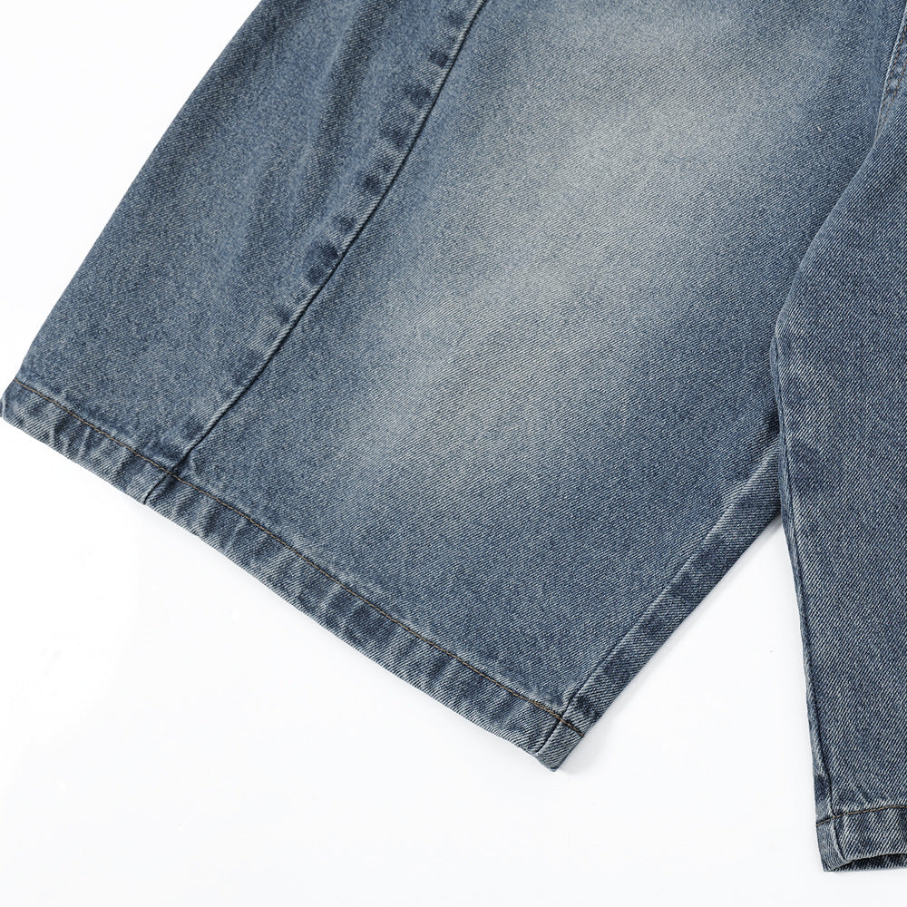 Punk Washed Distressed Denim Shorts Men's Loose Wide-Leg Daily Casual Pants Deconstructed Patchwork Straight Leg Knee-Length Pants