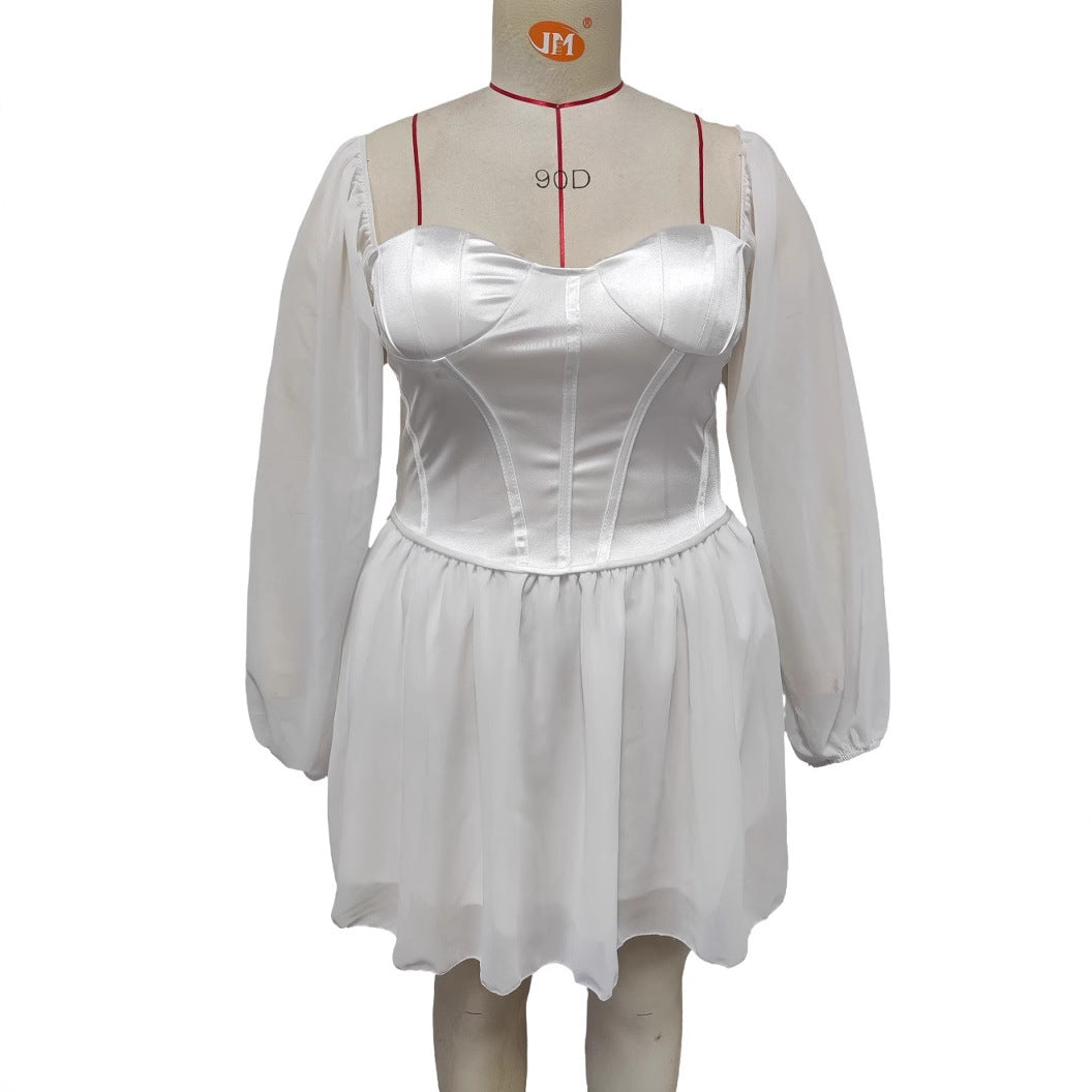 Women's Dress New Arrival Strapless Square Neck Mesh Splicing Satin High Waist A-Line Dress