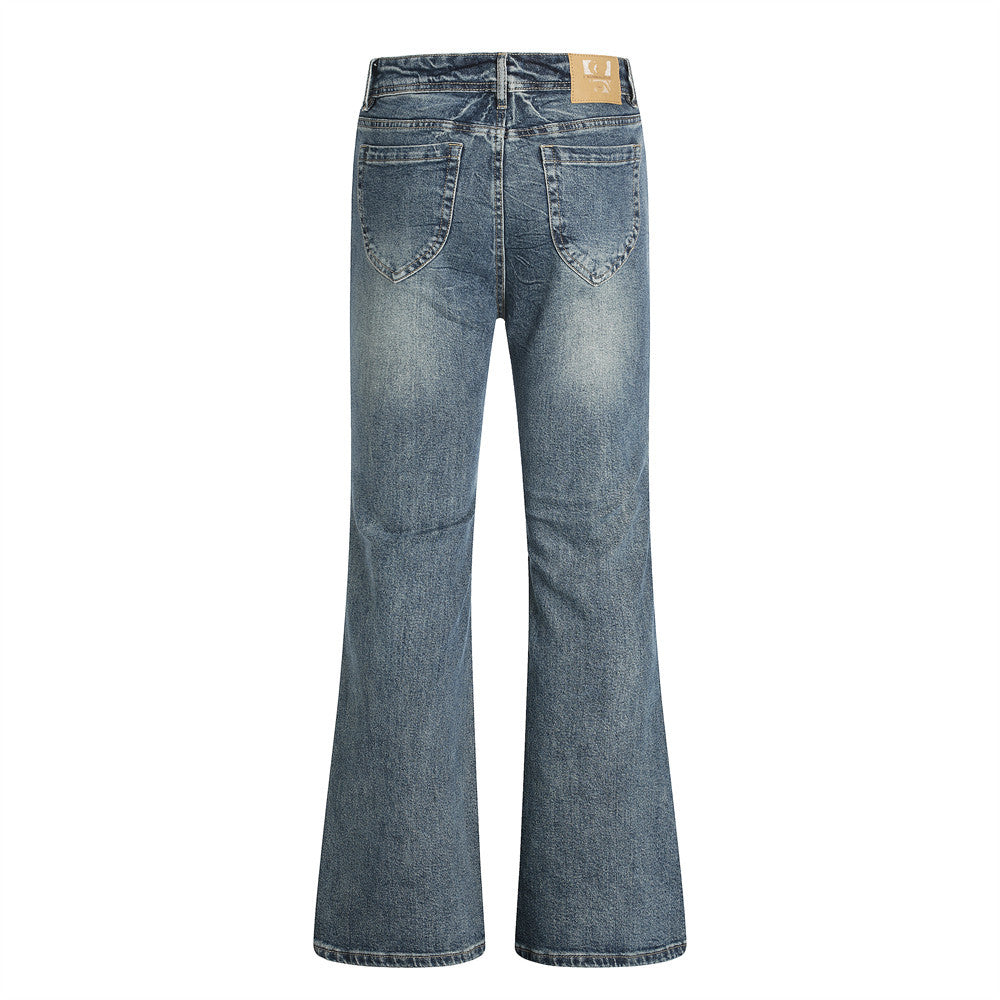 Style Vintage Washed Denim Flare Pants Men's Long Trousers with Unique Pocket Design and Slim Fit