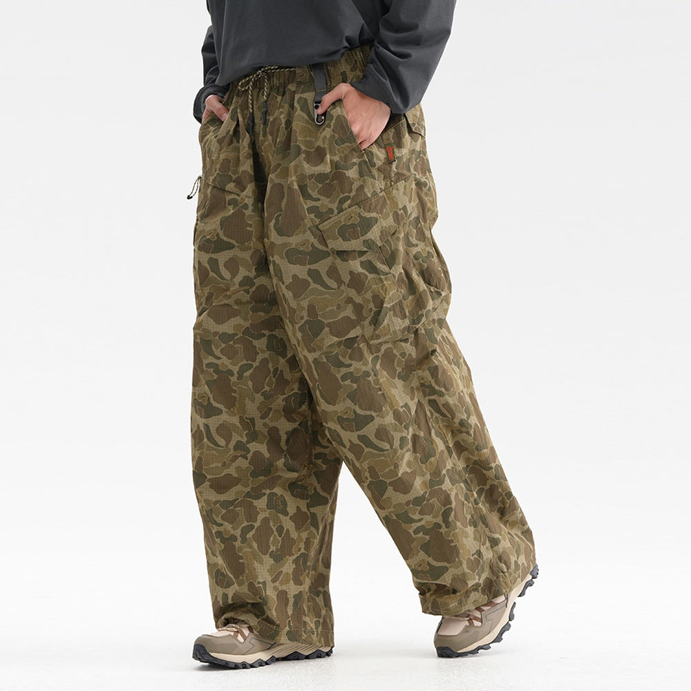 High Street Workwear Wide-Leg Camouflage Pants Men's Long Pants Design Pleated Tie-Dye Camouflage Drawstring Cuffed Trousers Trendy
