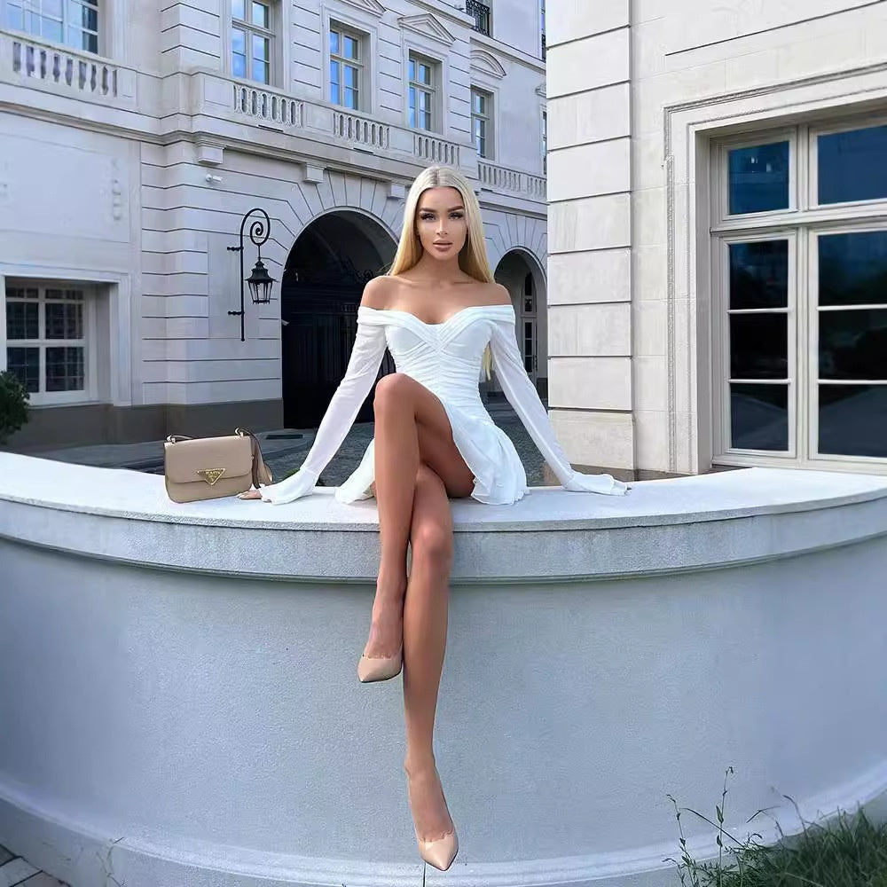 One shoulder flared long sleeved dress with slimming and pleated A-line short skirt
