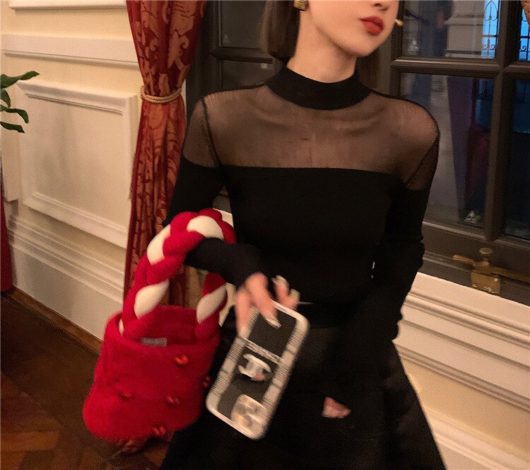 GetSpring Women T Shirt Full Sleeves Stand Collar Organza Perspective Black Tshirt Sexy Bottoming Short Black Tee Shirt Spring