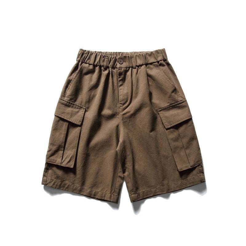 Solid color heavy-duty washed large pocket loose workwear shorts for men