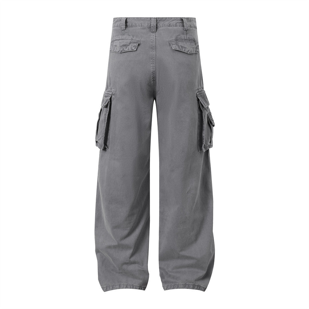 Solid Color Multi-Pocket Workwear Straight Leg Pants Men's Long Trousers Punk Street Style Pleated Design Washed Loose Wide-Leg Pants