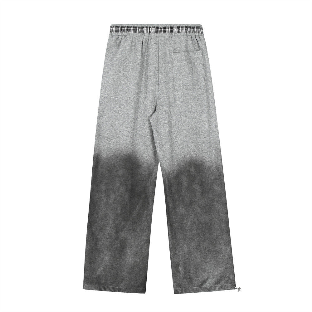 Gradient Color Block Casual Pants Hip Hop Distressed Embroidered Sweatpants Men's Loose Straight Drawstring Long Pants