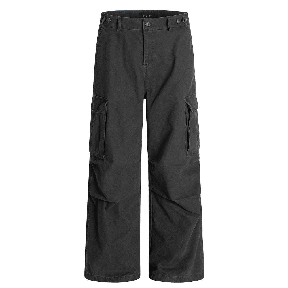 High Street Loose Casual Work Pants Men's Vibe Trendy Pleated Paratrooper Sports Wide-Leg Washed Straight Leg Long Pants