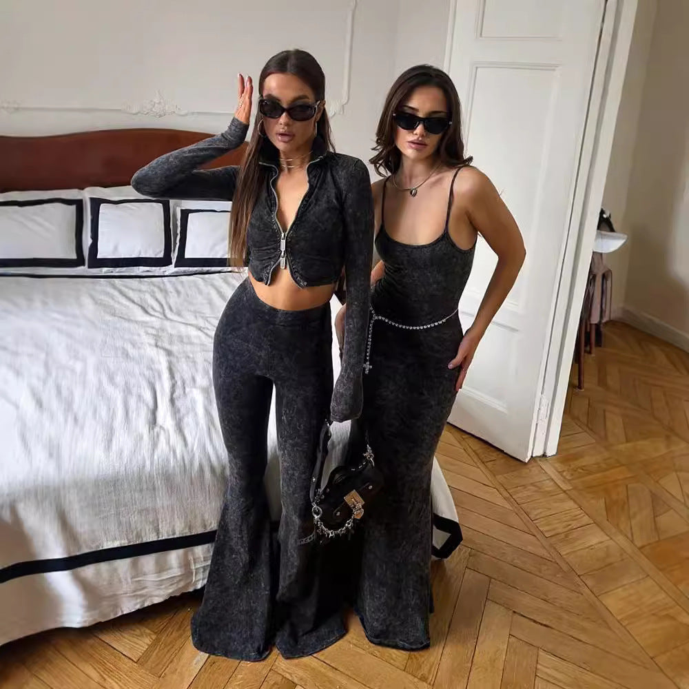 Trendy long sleeved slim fit and slimming flared pants set
