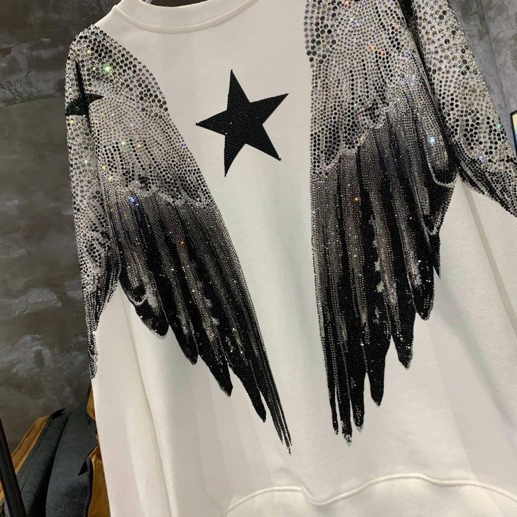 Autumn and winter luxury fashion hoodie for men and women, heavy-duty hot stamping, full diamond, large wings, wings, round neck pullover, couple style