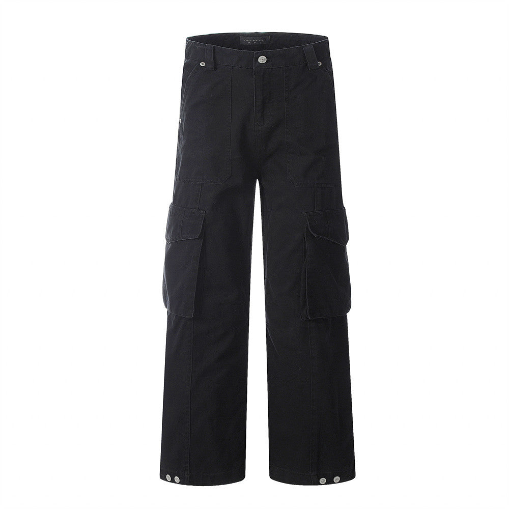 High Street Wide-Leg Work Pants Men's Vibe Trendy Pleated Multi-Pocket Design Solid Color Loose Straight Leg Long Pants