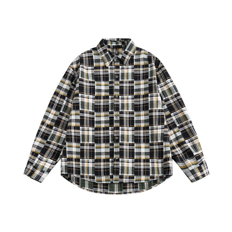 Color blocked checkered long sleeved loose casual shirt