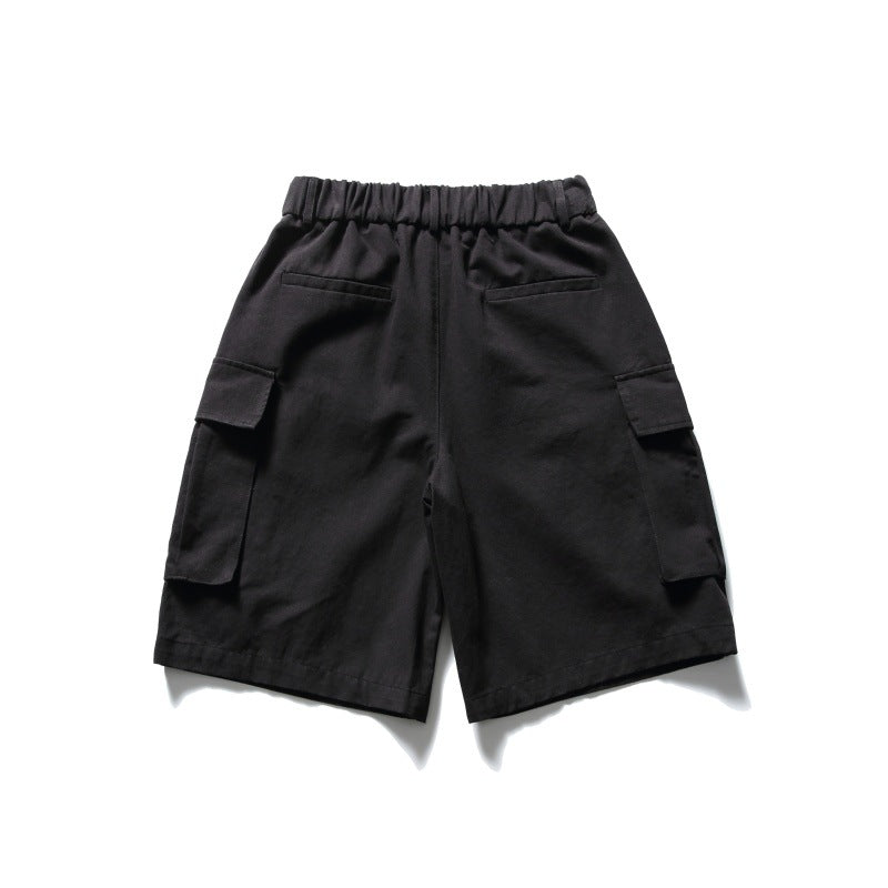 Solid color heavy-duty washed large pocket loose workwear shorts for men