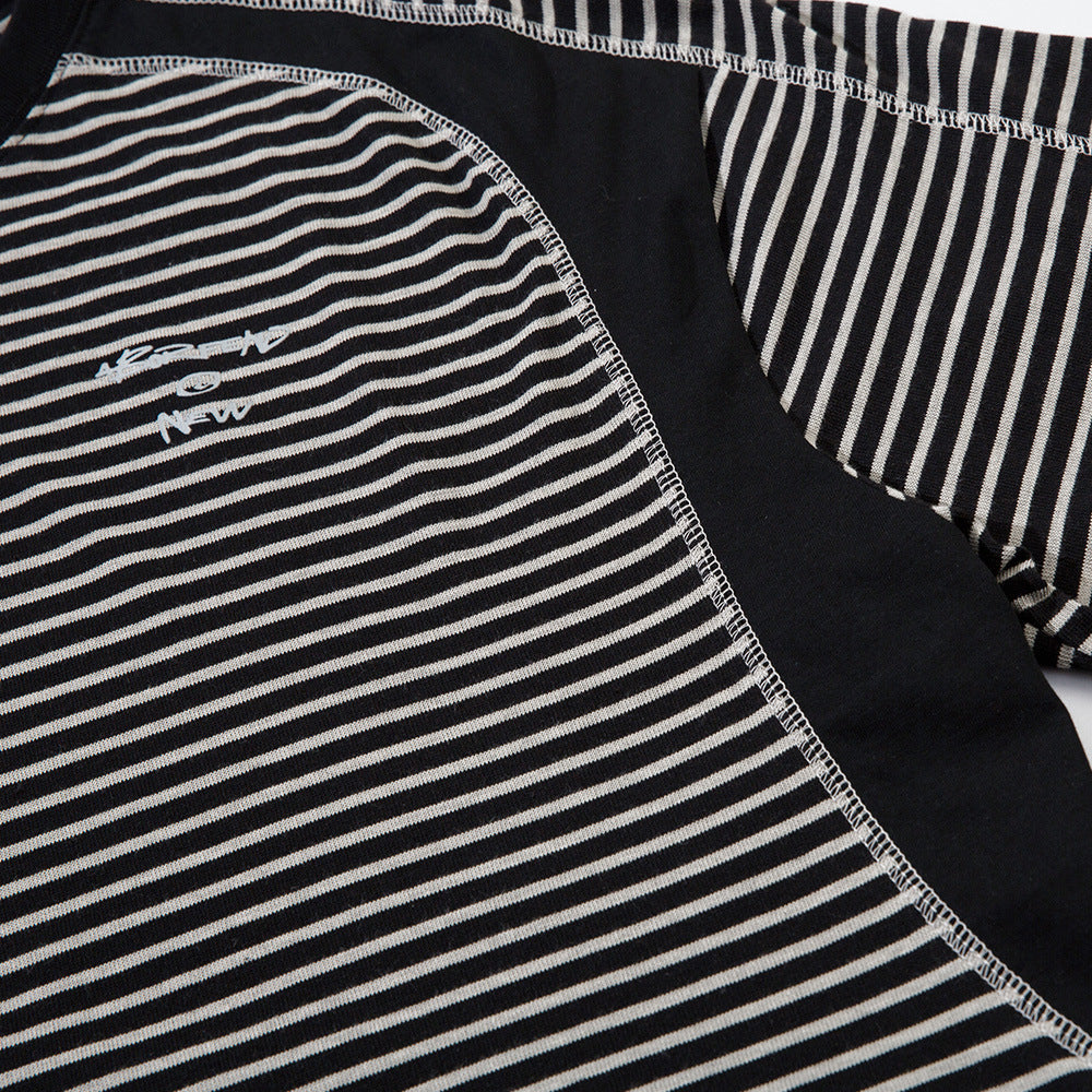 Spliced Deconstructed Color-Blocked Striped Short-Sleeved T-Shirt Men's Loose Street Trend Casual Round Neck Half-Sleeve Top