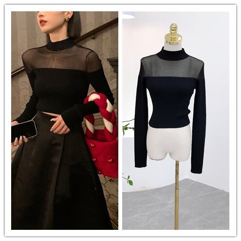 GetSpring Women T Shirt Full Sleeves Stand Collar Organza Perspective Black Tshirt Sexy Bottoming Short Black Tee Shirt Spring