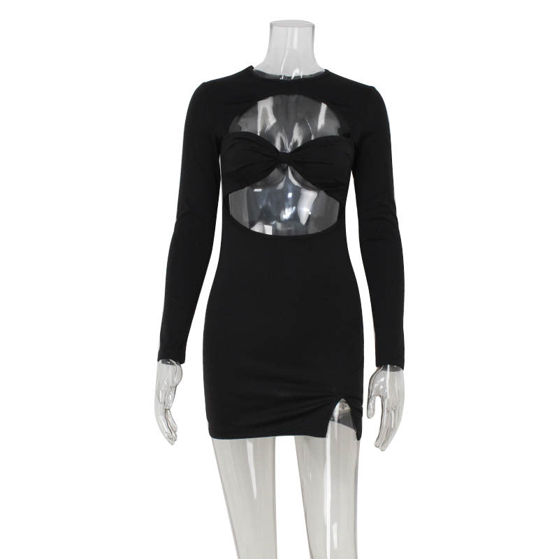 Sexy hollowed out round neck long sleeved slit spicy girl dress for women