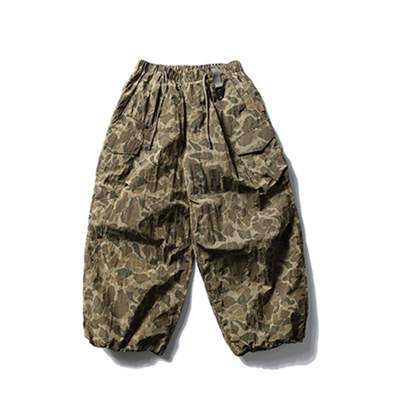 High Street Workwear Wide-Leg Camouflage Pants Men's Long Pants Design Pleated Tie-Dye Camouflage Drawstring Cuffed Trousers Trendy